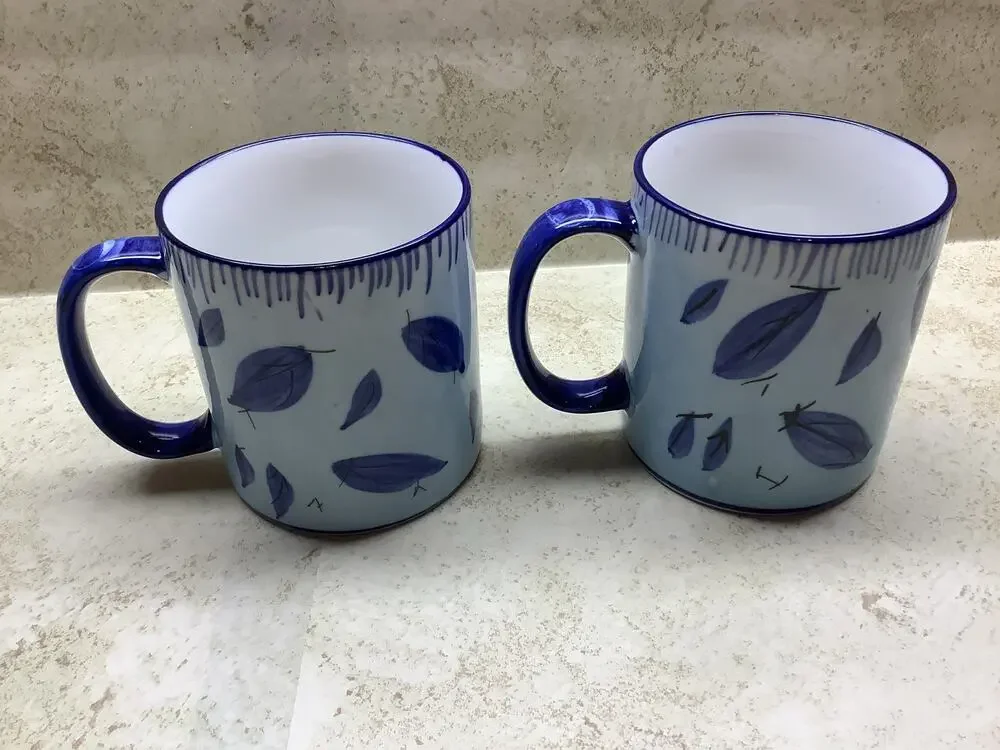 Blue and White Pottery Mug/ Hand Painted Set of 2 - Blue Floral & Leaves Mugs